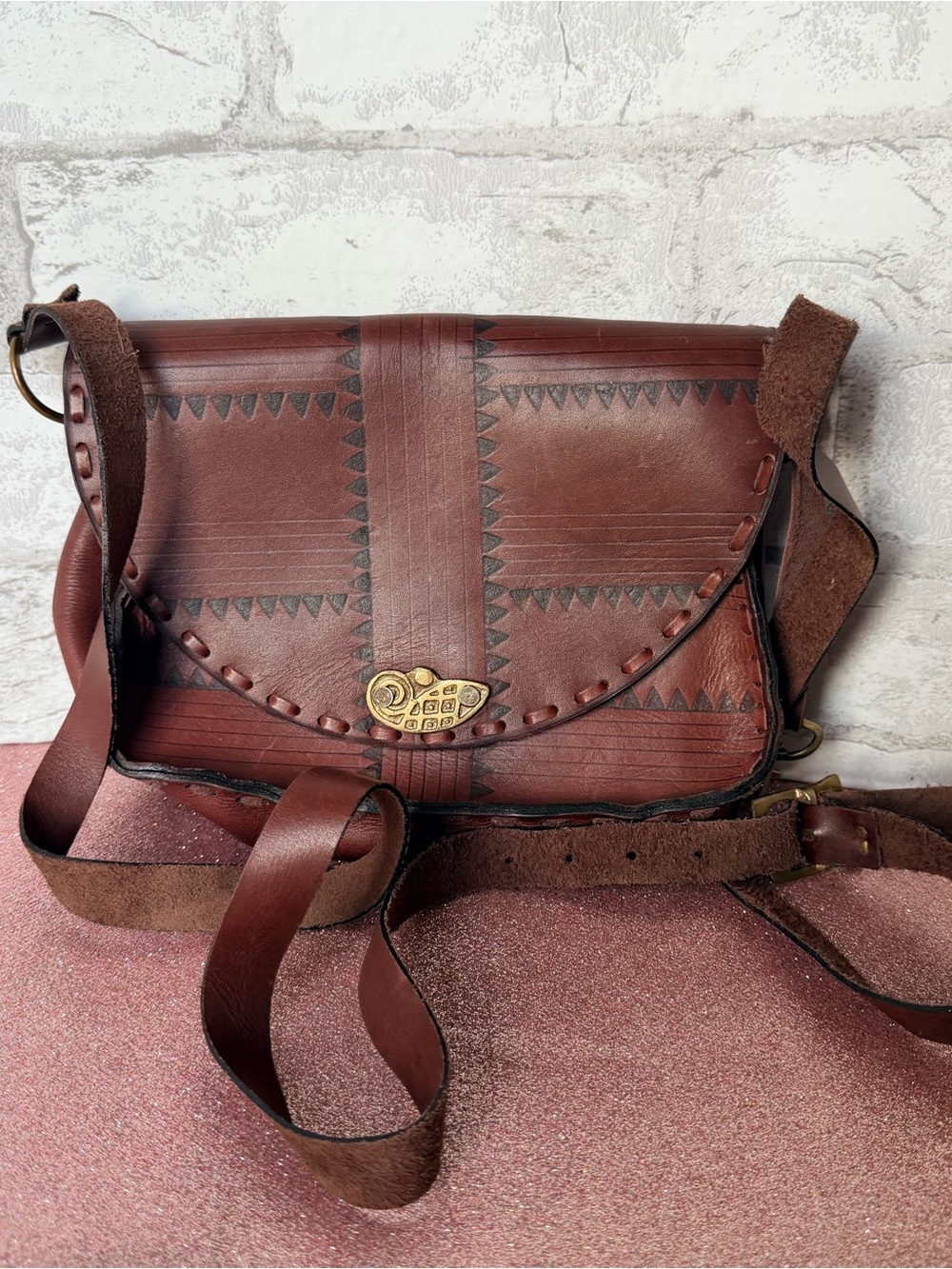 Handcrafted Brown Leather Crossbody Bag with Brass Accent